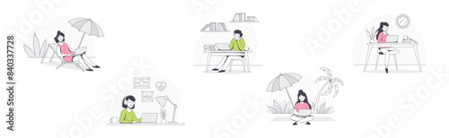 Freelance Remote Working Young Man and Woman with Laptop Outline Vector Set