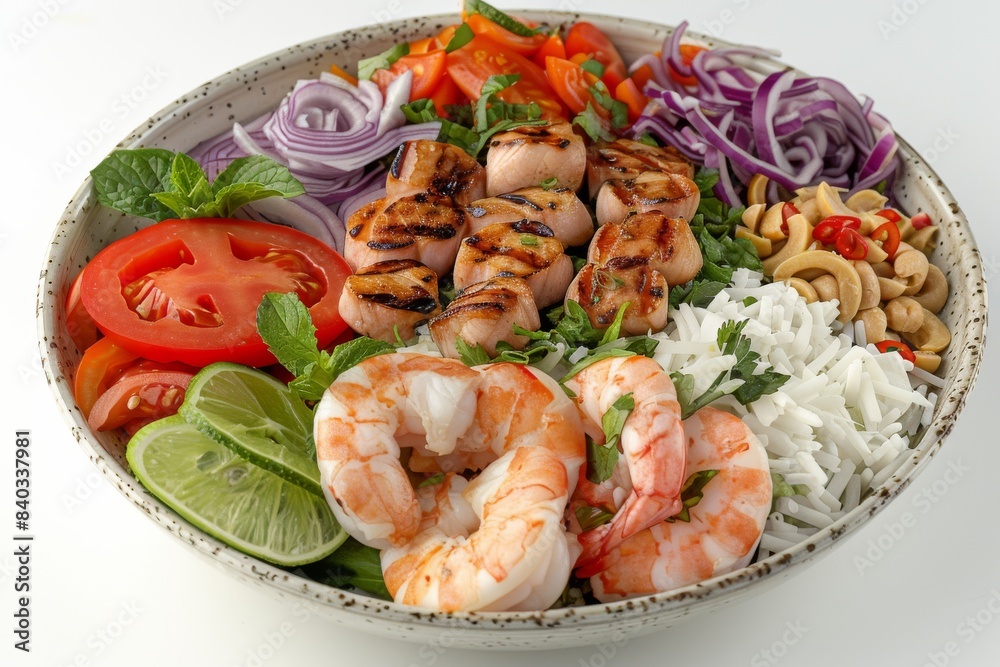 Fresh Vietnamese salad bowl with shrimp, grilled chicken, and vegetables, artistically arranged with vibrant colors in high quality food photography Fresh Vietnamese salad bowl with shrimp, grilled chicken, and vegetables, artistically arranged with vibrant colors in high quality food photography