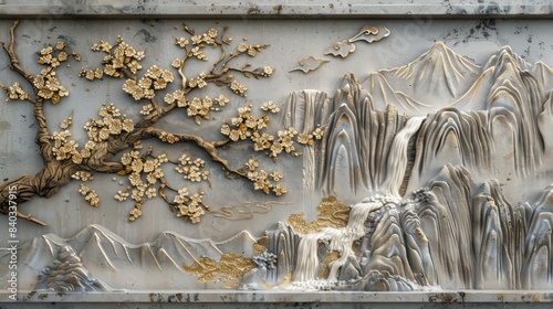 Volumetric stucco molding  Japanese landscape on a wall with golden elements