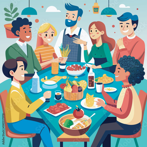 people eating dinner vector illustration