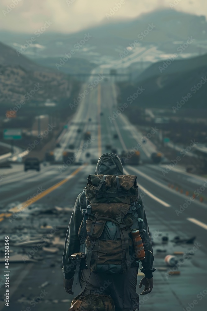 Lone Survivor Traverses Deserted Freeway,Backpack Laden with Supplies,Wary of Impending Threats Lone Survivor Traverses Deserted Freeway,Backpack Laden with Supplies,Wary of Impending Threats