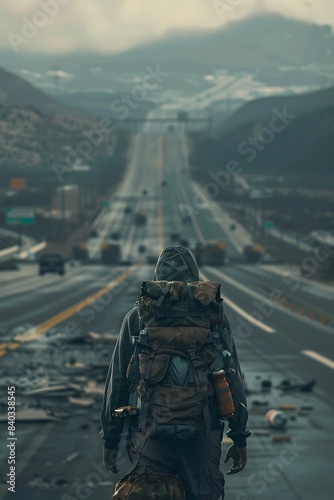 Lone Survivor Traverses Deserted Freeway,Backpack Laden with Supplies,Wary of Impending Threats
