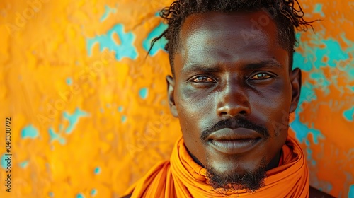 a south sudanese man wearing an orange turtleneck portrait.stock image