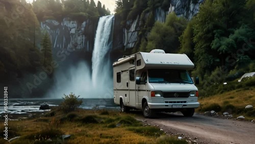 caravan with waterfall view. seamless looping 4k video photo