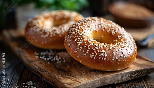 Freshly Baked Sesame Bagels on Wooden Board with Rustic Background, Perfect for Breakfast or Brunch, Close-Up Shot Highlighting Texture and Details, Ideal for Food Photography and Culinary Themes