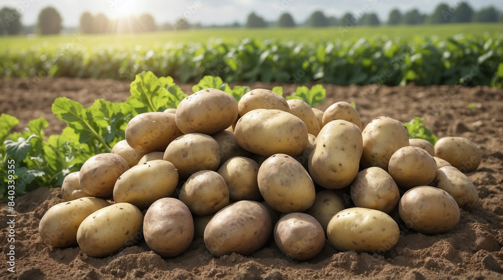Freshly Harvested Potatoes Piled on the Field in the Sunlight
