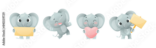 Funny Grey Elephant with Large Ear Flaps and Trunk Enjoying Different Activity Vector Set