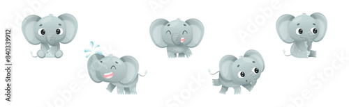 Funny Grey Elephant with Large Ear Flaps and Trunk Enjoying Different Activity Vector Set
