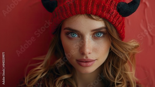 a young woman wearing a black halloween cap with horns female devil.image illustration © Wiseman