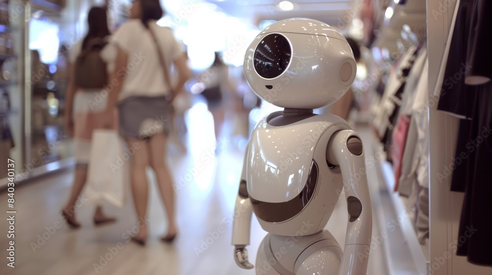 AI chatbots assisting customers in a retail store A humanoid robot stands in a retail store, surrounded by shoppers AI chatbots assisting customers in a retail store A humanoid robot stands in a retail store, surrounded by shoppers