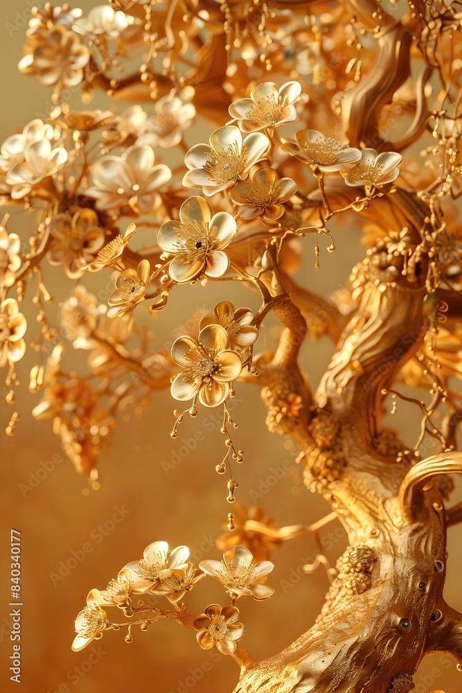 Obraz premium Opulent Gilded Tree with Sumptuous Metallic Foliage and Ornamental Hanging Treasures in Charming Wildlife Vignette