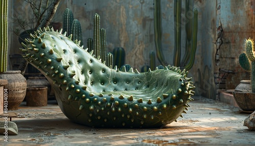 Unique Cactus-Inspired Furniture in Desert-Themed Room with Various Cacti and Rustic Decor Elements photo