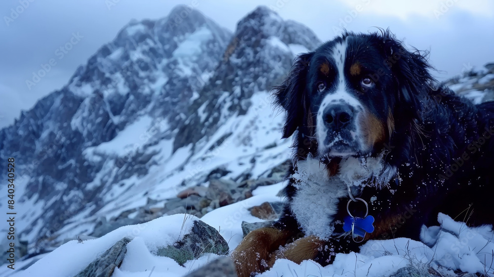 a Bernese Mountain Dog laying in the snow with a majestic mountain range in the background.