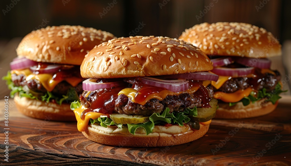 Delicious Gourmet Cheeseburgers with Fresh Lettuce, Tomato, Onion, and Pickles on a Wooden Board - Perfect for Food Photography, Restaurant Menus, and Culinary Blogs Delicious Gourmet Cheeseburgers with Fresh Lettuce, Tomato, Onion, and Pickles on a Wooden Board - Perfect for Food Photography, Restaurant Menus, and Culinary Blogs
