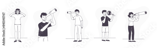People Character with Binocular, Telescope and Magnifying Glass Looking in Future Vector Set