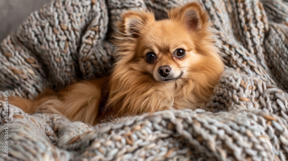a Pomeranian dog laying on a knitted blanket looking at the camera. a Pomeranian dog laying on a knitted blanket looking at the camera.