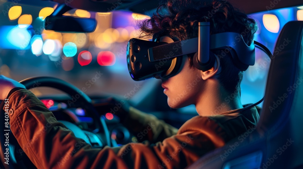 A man using a virtual reality headset sits in the driver’s seat of a car at night A man using a virtual reality headset sits in the driver’s seat of a car at night