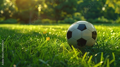 Soccer Ball on Lush Green Grass Field in Sunlit Park - Perfect for Sports  Recreation  and Outdoor Activity Themes