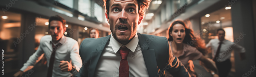 Group of managers running indoors in office. Leadership concept. Group of managers running indoors in office. Leadership concept.
