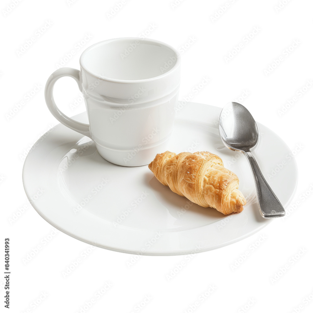 Elegant breakfast setting with a cup of coffee, croissant, and spoon on a white plate, isolated on transparent background. Elegant breakfast setting with a cup of coffee, croissant, and spoon on a white plate, isolated on transparent background.