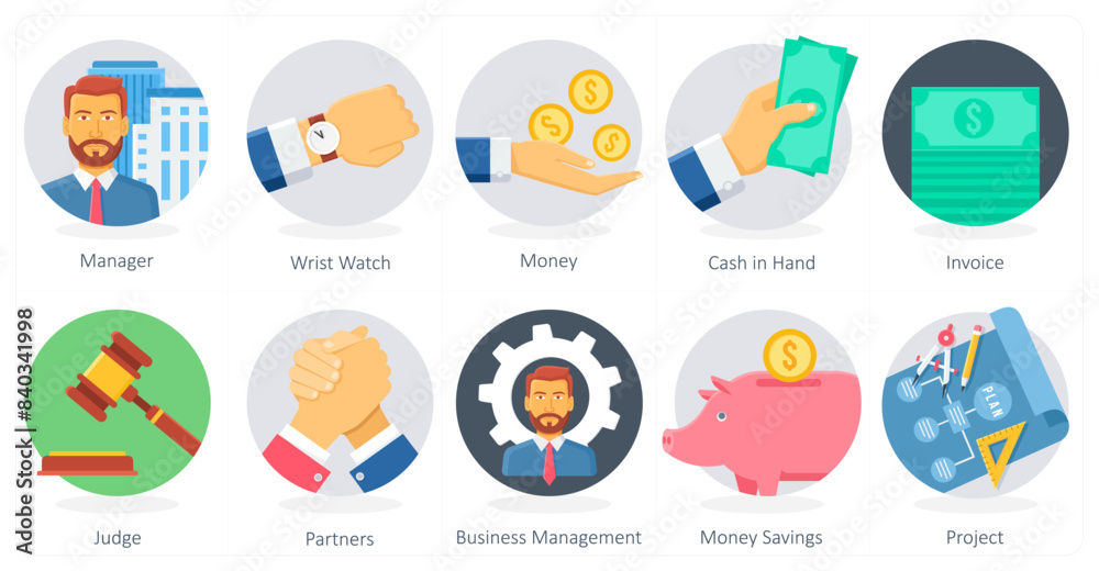 A set of 10 Business icons as manager, wrist watch, money A set of 10 Business icons as manager, wrist watch, money