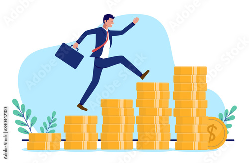 Business profits and growth - Successful businessman climbing rising chart and diagram made of money, going upwards towards the top. Financial success and achievement concept in flat design vector