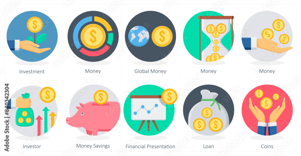 A set of 10 Business icons as investment, money, global money A set of 10 Business icons as investment, money, global money
