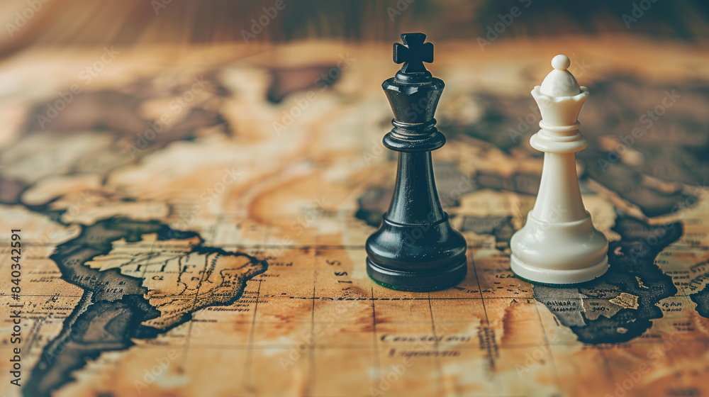 Geopolitical Strategy. Chess Pieces on a World Map Symbolizing Global Tensions Geopolitical Strategy. Chess Pieces on a World Map Symbolizing Global Tensions