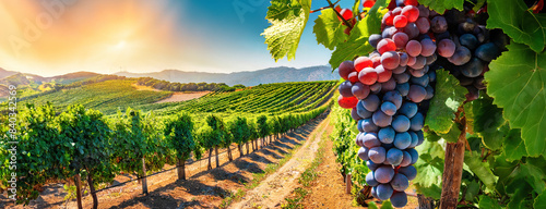 Picturesque summer agricultural landscape with vibrant rows of red grapes. Backdrop of rolling hills and a bright sky.