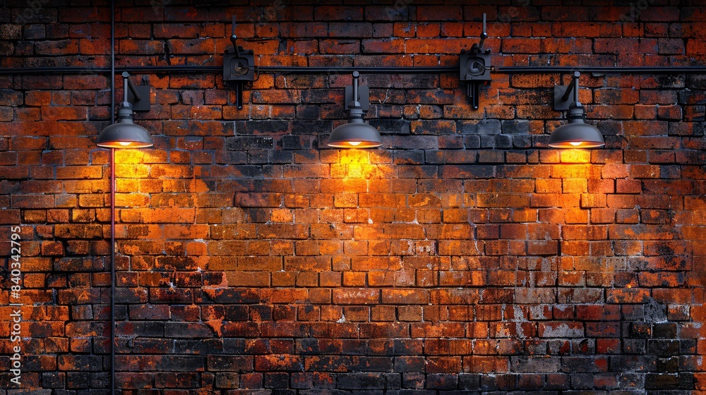 Obraz premium Industrial Style Brick Wall with Warm Lighting - Urban Loft Interior Design, Exposed Brickwork, and Modern Lighting Fixtures