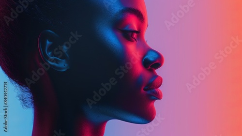 Profile of a woman in neon lighting with blue and red hues, showcasing strong contrast and artistic expression through dramatic light. © NEW