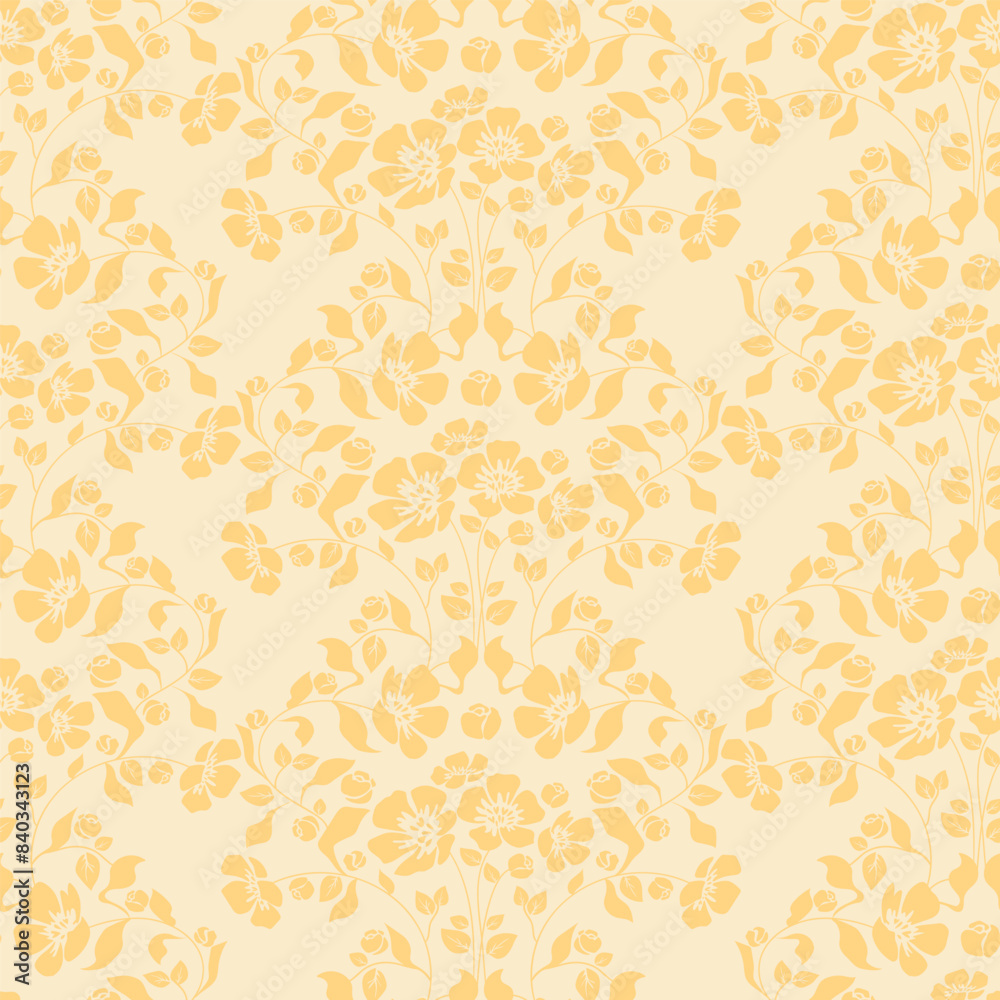 Trendy yellow lemon color flower seamless pattern. Hand drawn beautiful minimalistic flowers in damask style Trendy yellow lemon color flower seamless pattern. Hand drawn beautiful minimalistic flowers in damask style