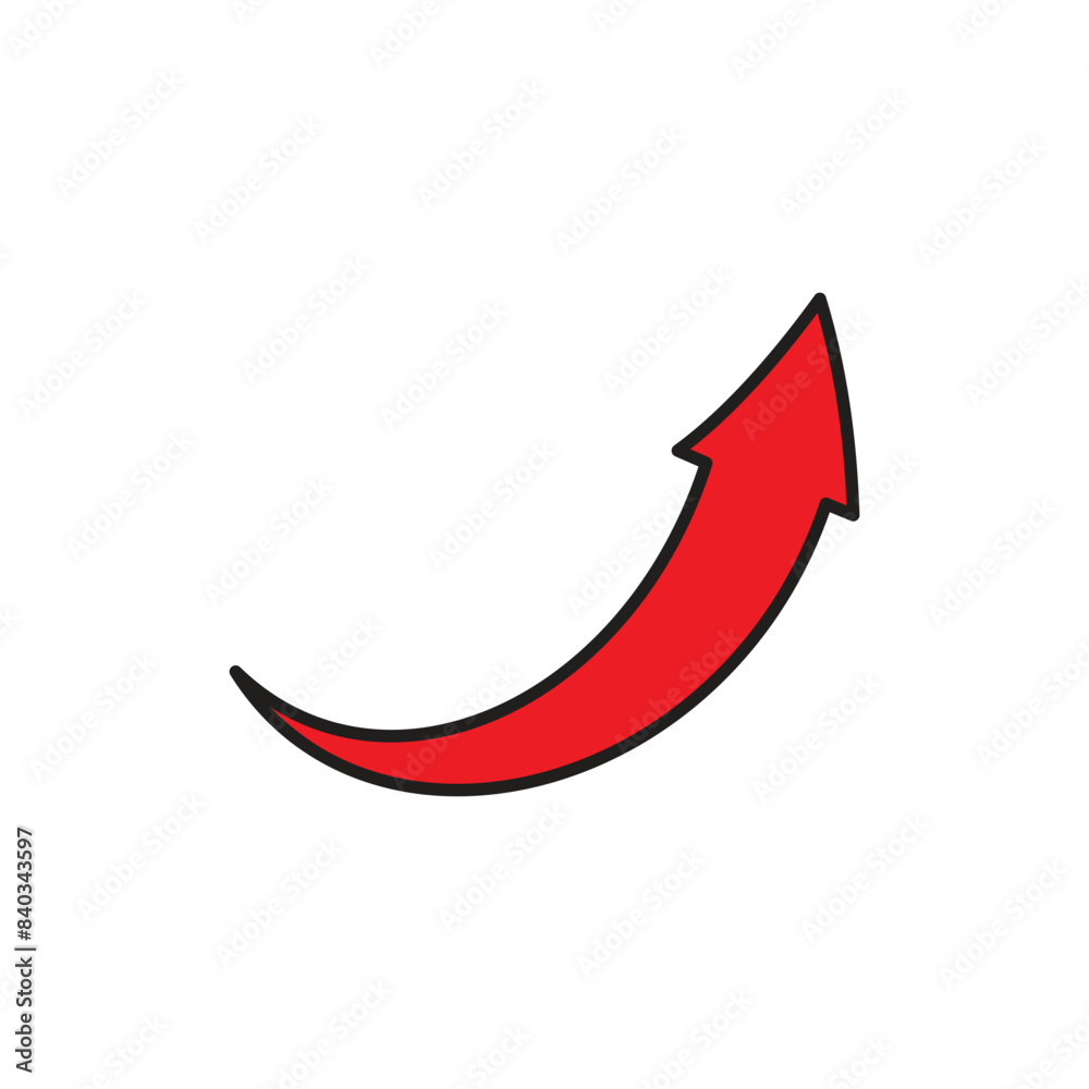Red upward arrow, symbol, icon, growth chart, curved arrow with black outline. Red upward arrow, symbol, icon, growth chart, curved arrow with black outline.