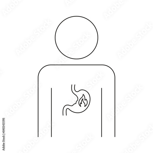 Heartburn symptom, man and stomach with fire, simple linear black and white illustration.