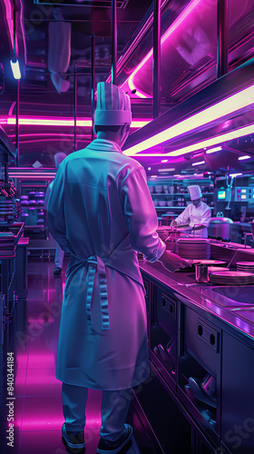 Design a scene of time-traveling chefs in a sleek