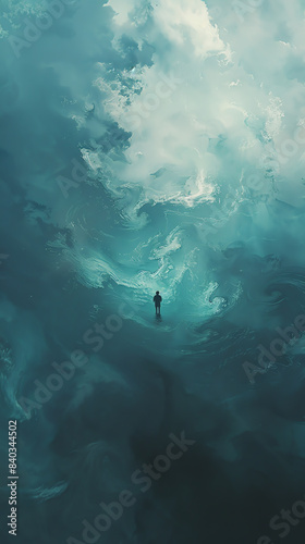An intriguing digital illustration showcasing a figure seemingly floating in a vast ocean