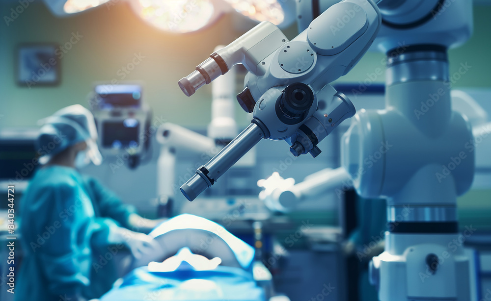 A high-tech surgical robot in an operating room, illustrating advanced medical technology and precision in surgery. A high-tech surgical robot in an operating room, illustrating advanced medical technology and precision in surgery.