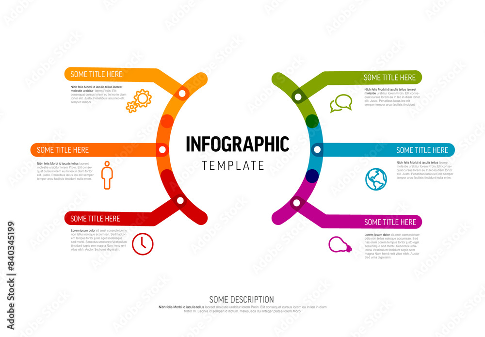 Multipurpose horizontal infographic layout template with big center and six smaller elements