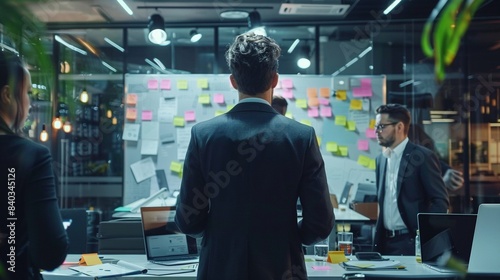 Suit man facing whiteboard office workspace with colleagues image. Brainstorming session photography scene wallpaper. Workplace productivity. Office teamwork concept photorealistic photo