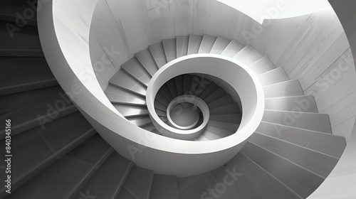 Portray a spiral staircase from a unique worms-eye angle in a sleek minimalist style, highlighting light and shadows in a photorealistic digital format