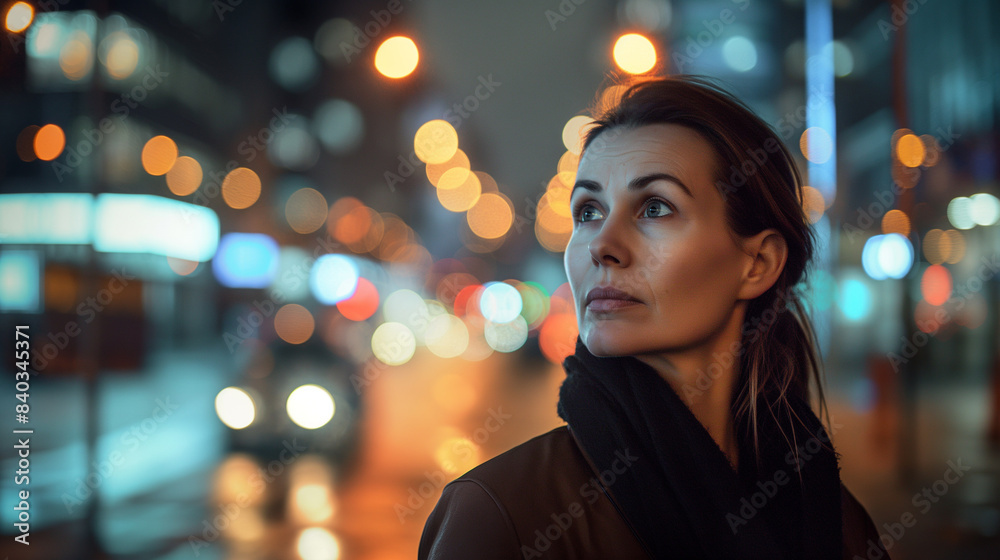 Fototapeta premium Woman in her 40s in the city at night illumination portrait image