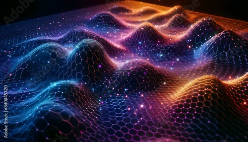 An intricate digital landscape with glowing relief patterns and hexagonal grids  showcasing the intersection of technology and artistic design.