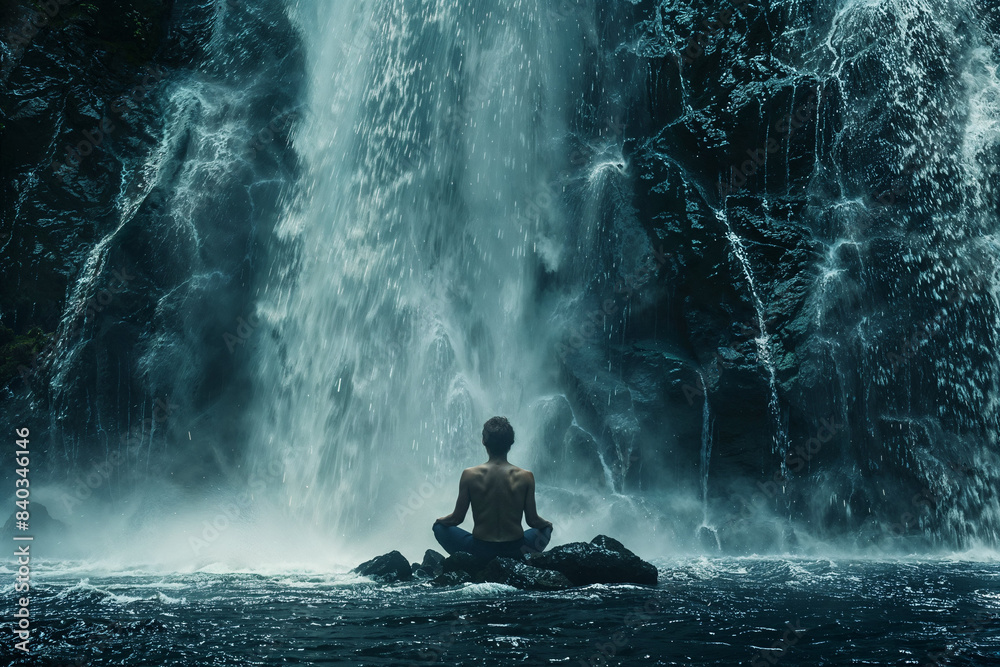 Man meditating by waterfall. Generative AI Man meditating by waterfall. Generative AI