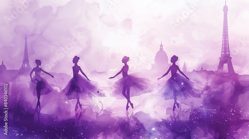 Traditional French dance with Paris 2024 backdrop, twilight, watercolor, soft hues photo