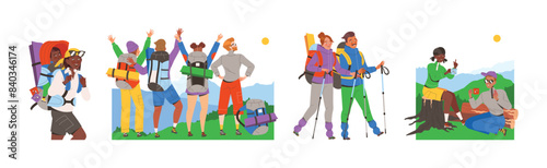 People Character Hiking in the Mountains with Pole and Backpack Vector Set