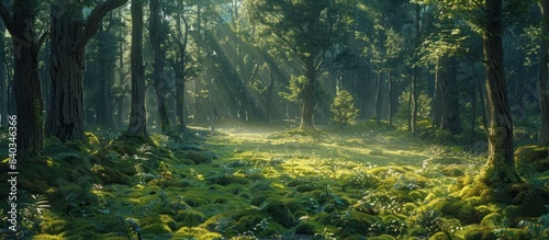 A tranquil and serene forest clearing with tall verdant trees and a soft moss covered ground  Dappled sunlight filters through the branches creating a peaceful and calming atmosphere