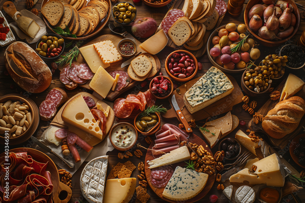 Assorted cheeses and charcuterie in a gourmet collage Assorted cheeses and charcuterie in a gourmet collage