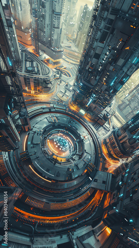 Illustrate a blend of surrealism and futuristic technology with a high-angle view perspective, featuring unexpected camera angles for a captivating scene photo