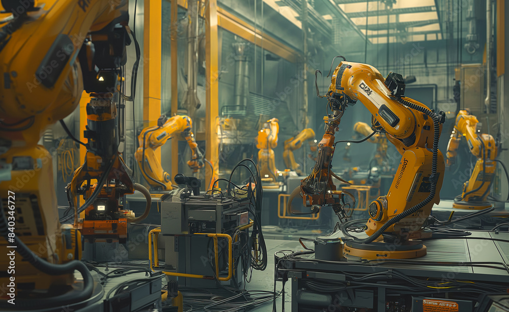 Industrial robots operating in a factory setting, highlighting the advanced automation and technology in manufacturing.
Industrial robots operating in a factory setting, highlighting the advanced automation and technology in manufacturing.