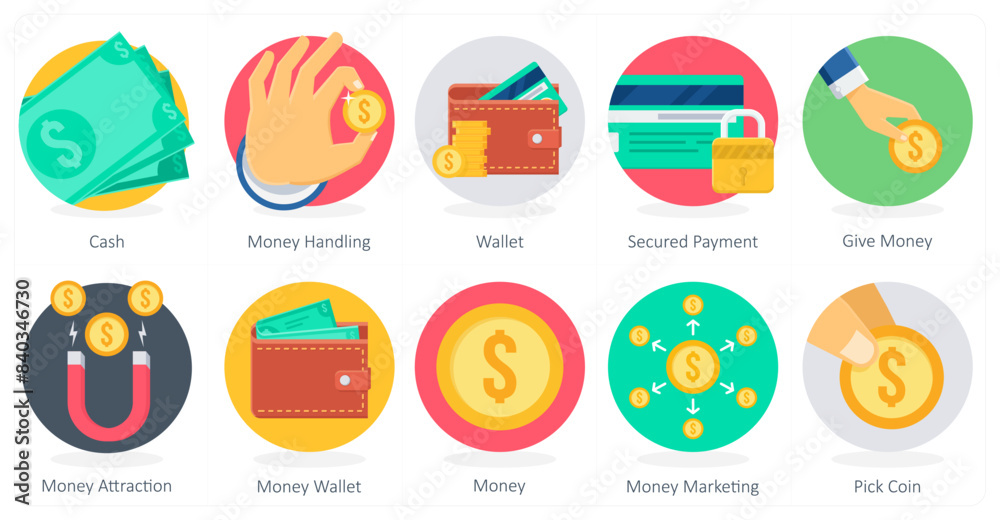 A set of 10 Shopping icons as cash, money handling, wallet A set of 10 Shopping icons as cash, money handling, wallet